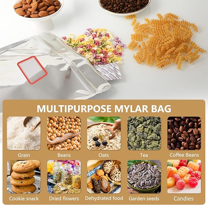 100 Pack 7 x 10 Inch Mylar Bags for Food Storage with Oxygen Absorbers 300CC(110Pcs) and Labels(120Pcs), 1 Quart Stand Up Resealable Mylar Bags(5mil Thickness)