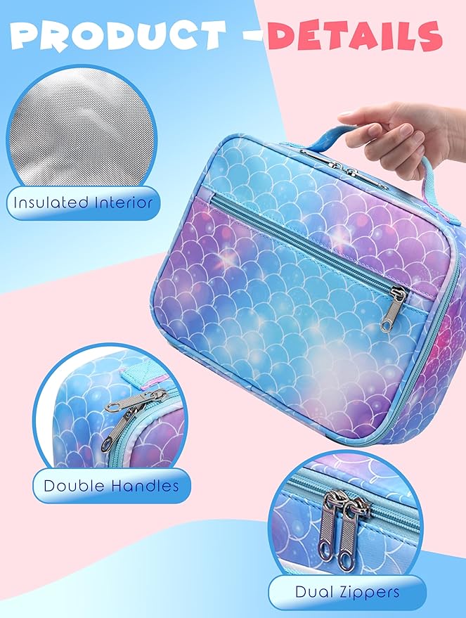 BLUEFAIRY Girls Backpack with Lunch Box Set Mermaid School Bag Set for Kids Elementary Primary School Book Bags Back to School Bookbags for Childs Lightweight Mochila para Niñas Cute Gifts Aged 4-8