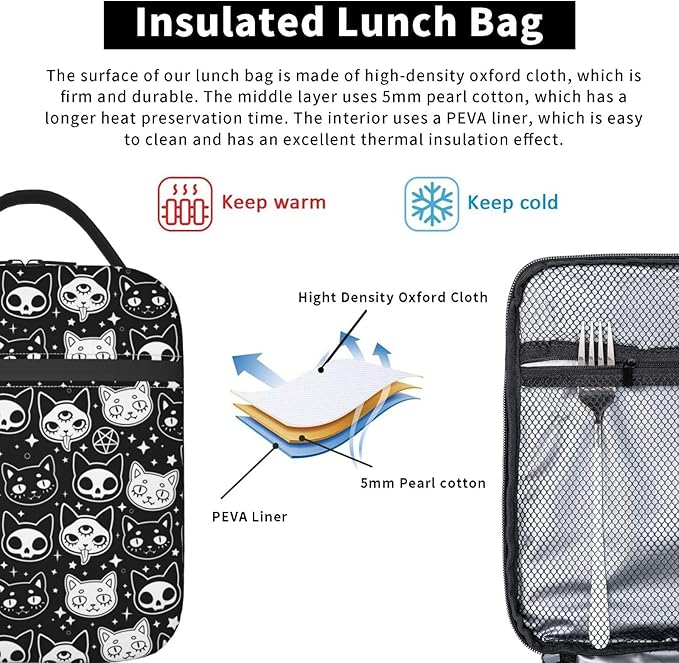 YETTA YANG Wicca Witchcraft Cat Halloween Portable Lunch Bag Insulated Lunch Box Reusable Totes For Women Men Work Picnic Camping