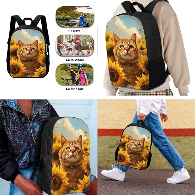 Dolyues Sunflower Cat Girls' Backpack Set 17-Inch Bookbag, Matching Lunch Tote & Sparkling Pencil Pouch Functional & Elegant for School or Travel