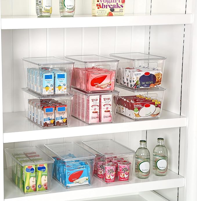 Vtopmart 1 Pack Clear Stackable Storage Bin with Lid, Medium Plastic Container with Handle for Pantry Organizer and Storage,Perfect for Kitchen,Fridge,Cabinet, Closet,Bathroom Organization