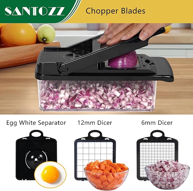 SANTOZZ Multifunctional Vegetable Chopper with Container, Vegetable Cutter with Interchangeable Blades, Onion Slicer, Garlic Grinder, Dicer for Potato, Carrot Chopper