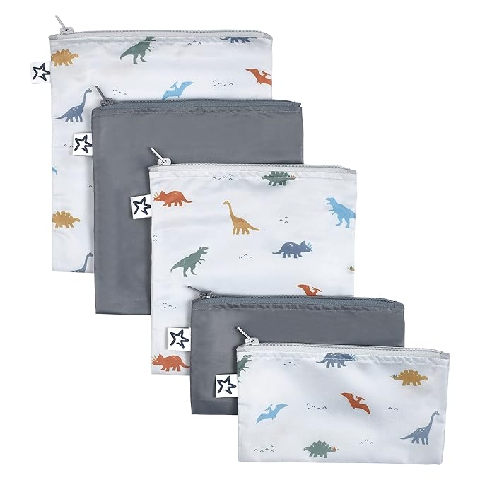 Tiny Twinkle 5 Pack Reusable Snack Bags - Machine Washable, PFAS, PVC, BPA, Phthalate-Free Reusable Baby and Toddler Food Safe Snack Bags (Dinosaur)