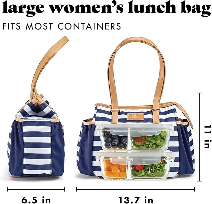 Fit & Fresh Lunch Bag For Women, Insulated Womens Lunch Bag For Work, Stain-Resistant Large Lunch Box For Women With Salad Container and Matching Tumbler, Zipper, Copley Lunch Kit, Navy Stripe