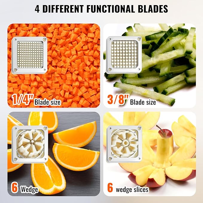 VEVOR Commercial French Fry Cutter with 4 Replacement Blades, 1/4 and 3/8 Blade Easy Dicer Chopper, 6-wedge Slicer and 6-wedge Apple Corer, Lemon Potato Cutter for French Fries with Extended Handle