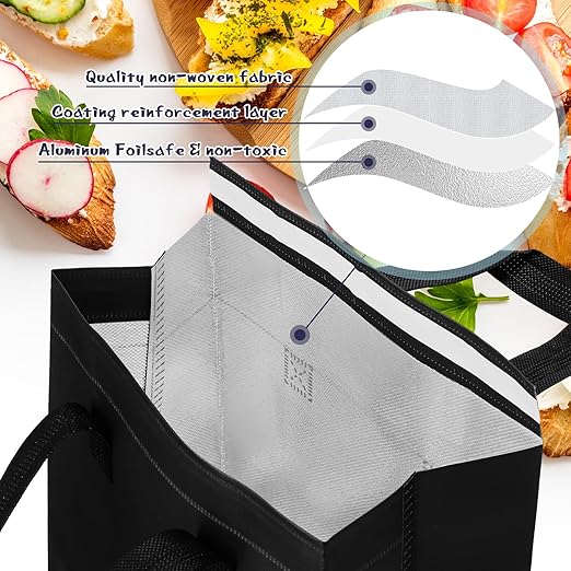 Kacctyen 100 Pcs Insulated Take Out Bags Bulk 9.5 x 6 x 9.5 in Thermal Insulation Food Bag for Coffee, Milk Tea, Hot Cold Food, Delivery Cooler Bag for Catering Restaurant Grocery Picnic (Black)
