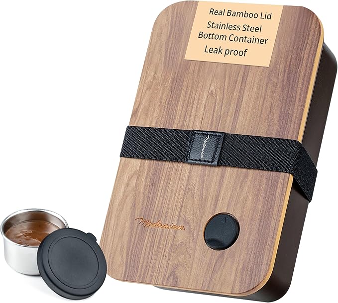 Leak Resistant Stainless Steel Bento Box For Adults|Stainless Steel Lunch Box for Adults |44Oz| BentoBox/Lunchbox| Lunch Container | Microwave Safe (Bottom container) |Bamboo Lid- Mocha Brown