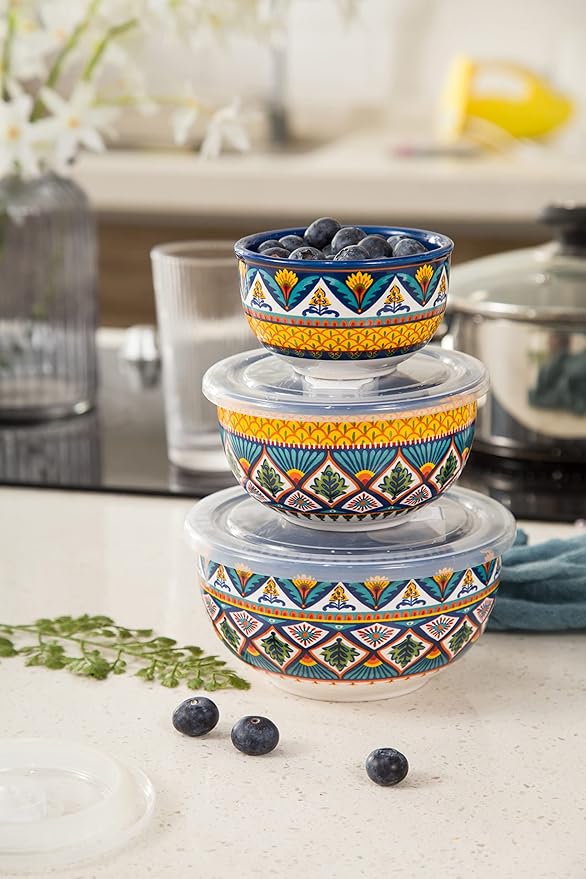 Bico Havana Ceramic Bowl with Air Tight Lid Set of 3(27oz, 18oz, 9oz each), Prep bowls, Food Storage Bowl for Salad, Snacks, Fruits, Microwave and Dishwasher Safe