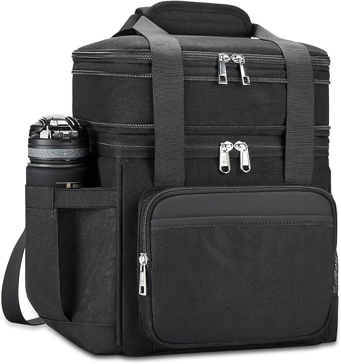 Insulated Lunch Bag & Lunch Box for Men - Double Deck Reusable Lunch Bag for Women Tote Cooler Bag Leakproof Soft Expandable - Large Lunchbox for Work/Adult/Picnic/Outdoor (Black,15L)