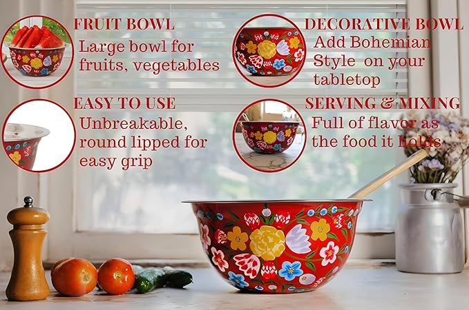 Large Hand Painted Stainless Steel Fruit Bowl - Decorative Floral for Salad Mixing and Serving - Traditional Kashmiri Art for Home Decor (Red)