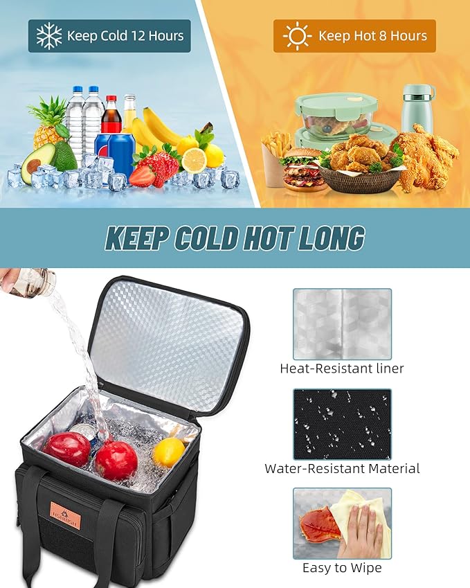 HSHRISH Xlarge Expandable Tactical Lunch Box for Adults, Durable Leakproof Insulated Lunch Cooler Bag for Men Work Office Outdoor Picnic Trips Camping, 36 Cans/22 L, Black