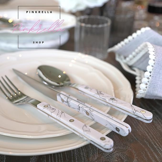 6-Piece Stainless Steel Flatware Silverware Cutlery Set - Color Handle with Rivet/Retro Style - Includes Dinner Knife; Dinner Fork; Salad Fork; Soup Spoon; Teaspoon; Spreader (MARBLE)