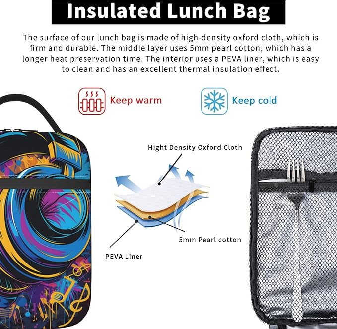 Insulated Lunch Box for Kids Boys Girls, Reusable Lunch Bag for School, Office, Work, Picnic, Travel, Headphones and Music Notes Lunch Box