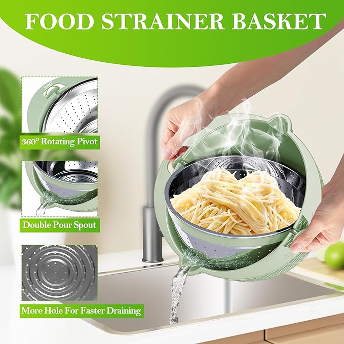 4 in 1 Colander with Bowl Set, Food Strainers and Colanders, Colander for Kitchen, Pasta Strainer, Fruit and Veggie Washer, Fruit Washing Bowl with Strainer, Kitchen Essentials Set, Green