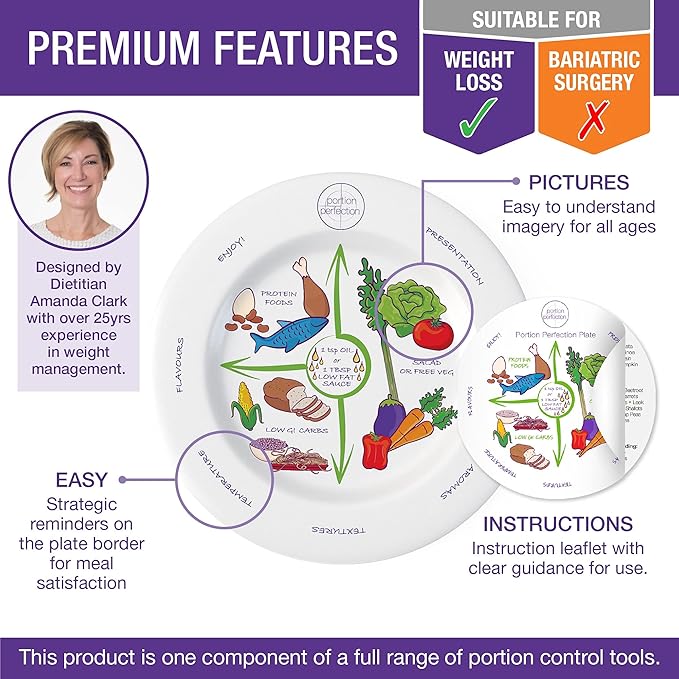 Portion Perfection 2PK Portion Control Plate, 10″ MELAMINE Portion Plate for Weight Control, Includes 7-Day Low-Calorie Meal Plan, Ideal for Adults with Diabetes & Obesity