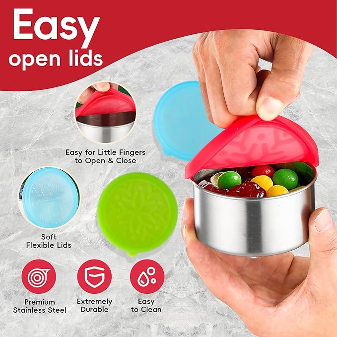 Stainless Steel Snack Containers for Kids Salad Dressing Container To Go Small Snack Box with Silicone Lids Easy Open LeakProof Reusable Metal Toddler Lunch Box for School
