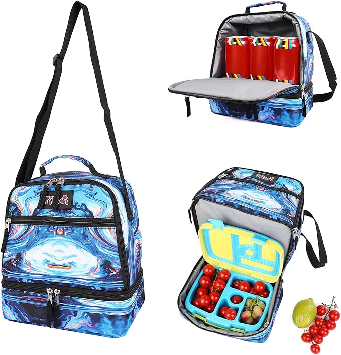 Tilami Lunch Bags Insulated Adjustable Strap Zipper, Water-Resistant Cooler Bags, Bento Bags for Kids Toddlers, Painting Blue