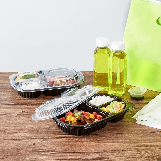Restaurantware RW Base 19 Ounce Meal Prep Containers, 100 Microwavable To Go Containers With Lids - 3 Compartments, Disposable, Black Plastic Oval Food Containers, For Hot And Cold Food, Freezable
