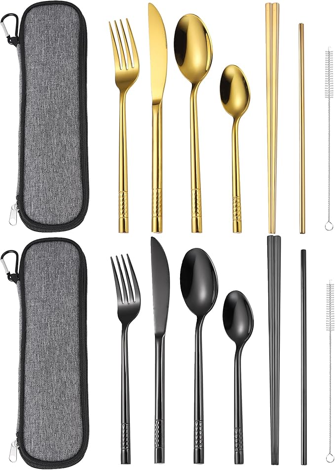 AARAINBOW 7 Pieces Stainless Steel Flatware Set 2 Pack Portable Reusable Cutlery Set Travel Utensils Set with Chopsticks Knife Fork Spoon Set with Straws Cleaning Brush (Black+Golden)
