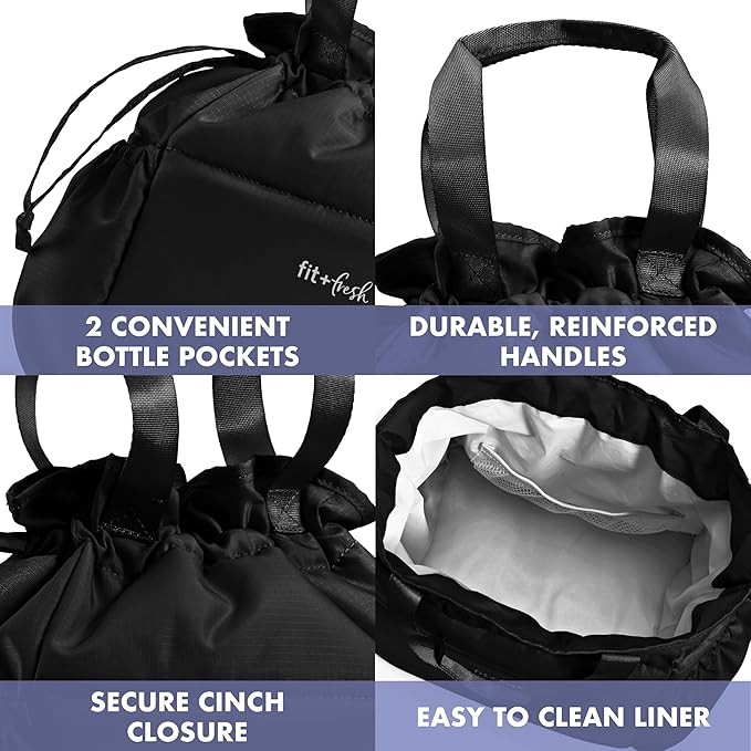 Fit & Fresh Lunch Bag For Women, Insulated Womens Lunch Bag For Work, Stain-Resistant Large Lunch Box For Women With Containers, Cinch Closure Cromwell Bag, Black
