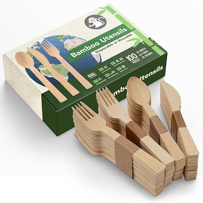 Wooden Cutlery Set - 100 Pcs Disposable Bamboo Forks, Spoons, Knives - Compostable 100% Natural Bamboo Utensils for Parties, Picnics, Camping, Weddings - Eco-Conscious Dining Supplies