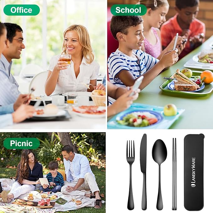 Travel Utensils, 18/8 Stainless Steel 4pcs Cutlery Set Portable Camp Reusable Flatware Silverware, Include Fork Spoon Chopsticks with Case (black)