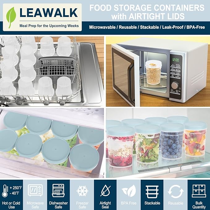 32 oz -12 Pack Reusable Food Freezer Storage Containers with Lids BPA Free, Twist Top Deli Container, Leak Proof, Stackable, Microwave and Dishwasher Safe-Elegant Blue