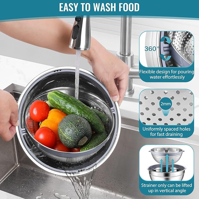 P&P CHEF 4-In-1 Stainless Steel Colander with Bowl Set, Rotatable Strainers for Kitchen, Fruit Cleaner, Washing Fruit & Draining Pasta, Mixing Bowl and Lid with Grater for Salad, Blue