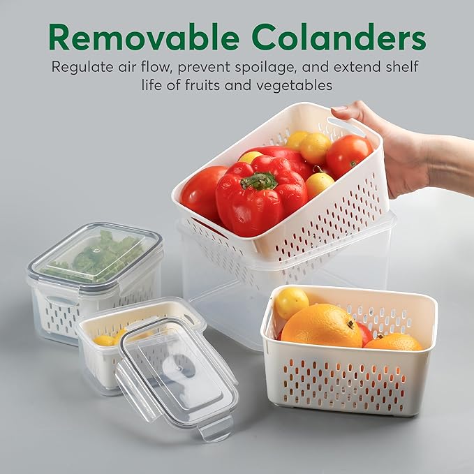 8 PCS Fruit Storage Containers for Fridge with Colanders Dishwasher Safe, Leakproof Fruit and Vegetable Storage BPA-Free Plastic, Produce Storage Keep Berry Fruit Veggie Meat Fresh