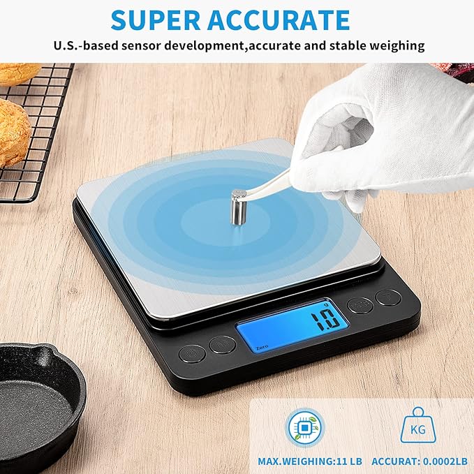 Upgraded Large Size Food Scale for Food Ounces and Grams, YONCON Kitchen Scales Digital Weight for Cooking, Baking, 5kg by 0.1g High Accurate Gram Scale with 2 Tray, Tare Function, LCD Display