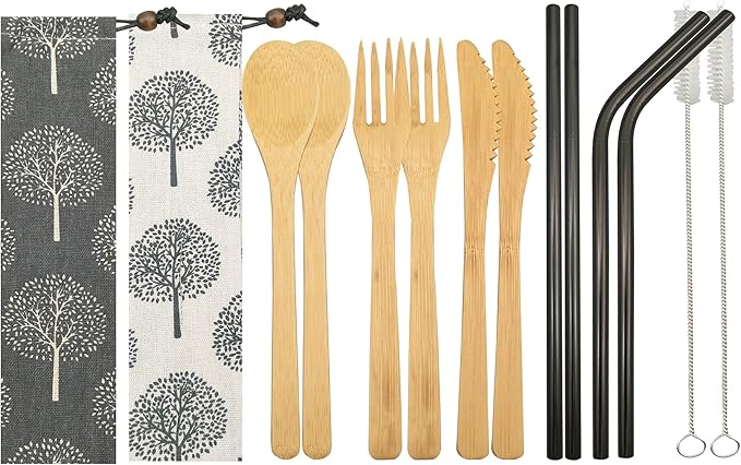 UPTRUST 2 Set Reusable Bamboo Cutlery Set - 6-Piece Flatware with 7.8 Inch Bamboo Knife, Fork, Spoon - 3 Colors Metal Straw and Clean Brush