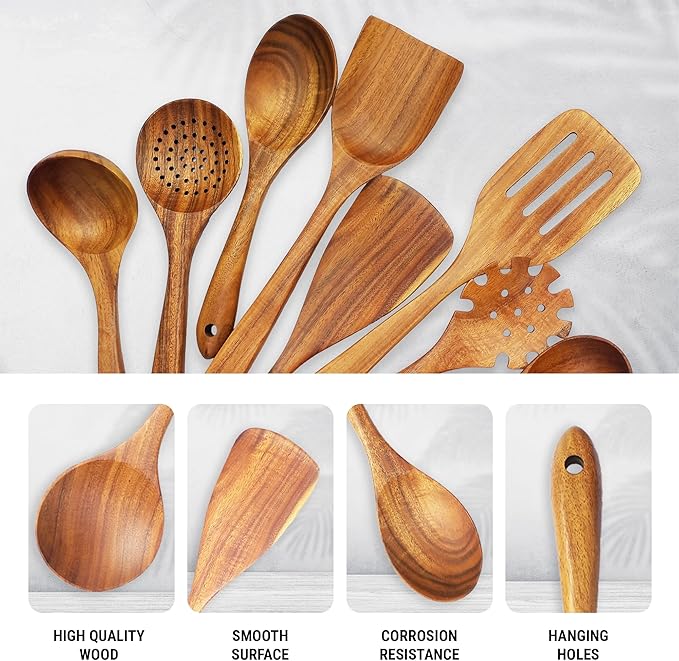 Premium Wooden Spoons for Cooking – 10 Pcs Wooden Utensils Set Teak Wooden Spatulas & Wooden Spoons for Nonstick Cookware – Heat Resistant, Lightweight & Durable