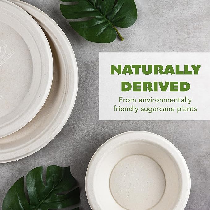 125 pack |12 oz Heavy Duty Paper Bowls | 100% Compostable Paper Plate | Disposable Biodegradable | Natural Brown, Round | Large Dinner Plate
