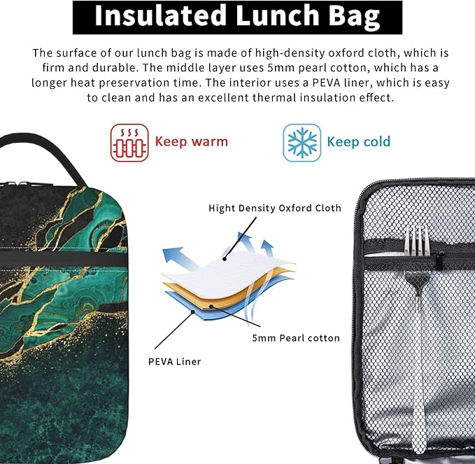 YETTA YANG Marble Black Green Gold Portable Lunch Bag Insulated Lunch Box Reusable Totes For Women Men Work Picnic Camping