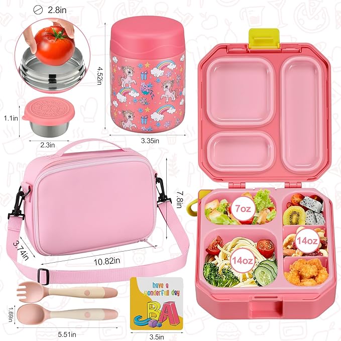 Bento Lunch Box for Kids with 12oz Soup Thermo Leak-Proof Lunch Food Container with 5 Compartment Thermo Hot Food Jar and Insulated Lunch Bag for Kid Toddler Girls Boys to School