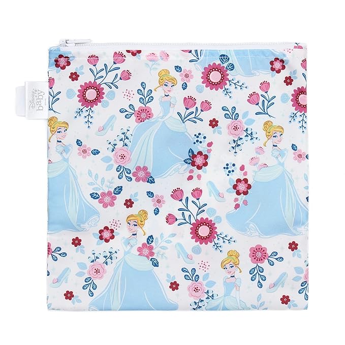 Bumkins Disney Reusable Sandwich and Snack Bags, for Kids School Lunch and for Adults Portion, Washable Fabric, Waterproof Cloth Zip Bag, Travel Pouch, Food-Safe, Large, Princess