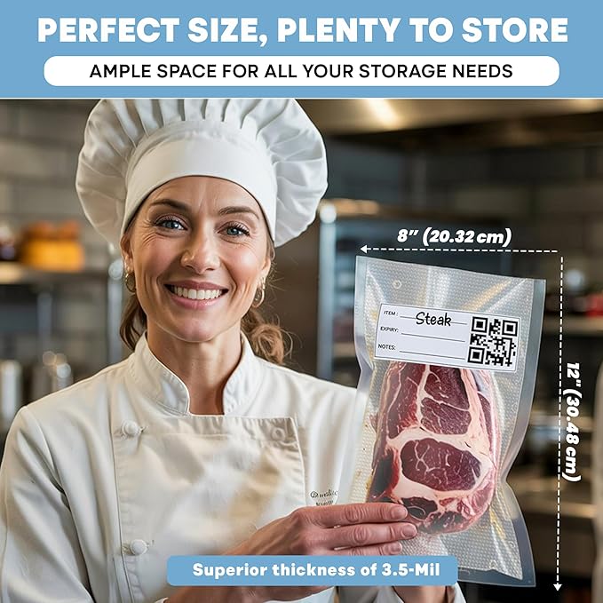 Vacuum Sealer Bags for Food Storage - Pack of 150 Smart QR Code Vacuum-Bags- 8" x 12", BPA-Free, 3.5-Mil Thick Vacuum-Storage Bags for Food Prep, Freezer Storage & Sous Vide Bag, Food-Storage Bag