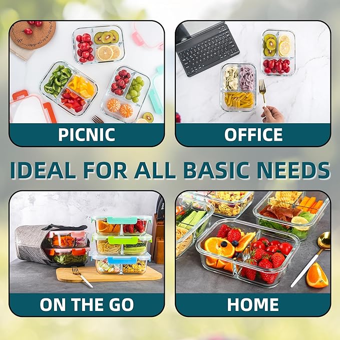 Glass Meal Prep Containers 3 Compartment with Lids (5 Pack, 36oz), Divided Glass Storage Containers for Lunch at Work, Leak-Proof Portion Control Food Containers, Microwave / Dishwasher Safe