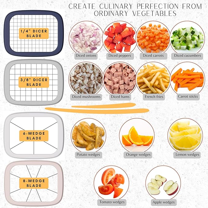 Brieftons PerfectCut Vegetable Chopper: 4-Blade Veggie Dicer Fruit Slicer, Potato French Fry Cutter, Wedge Cutter, Onion Chopper, Egg Slicer with 5 Recipe Ebooks, Safe to Use, Easy to Clean & Store