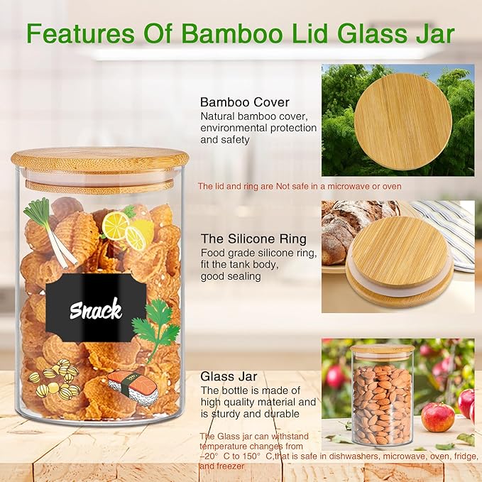 Glass Jars with Bamboo Lids 20 oz, 12 Pcs Stackable Kitchen Glass Pantry Storage Containers with Bamboo Lids for Rice, Candy, Sugar, Flour, Nuts, Cookie, Bean
