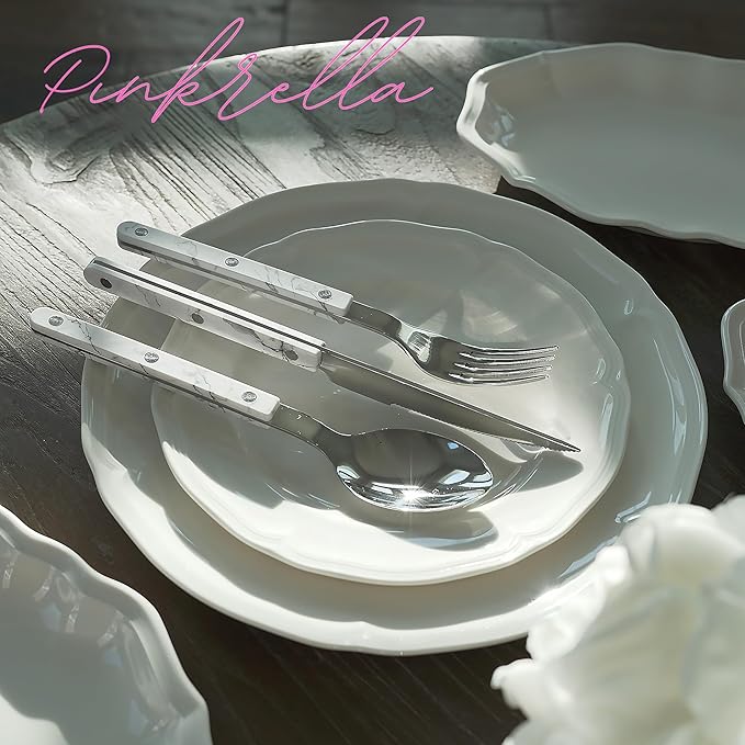 6-Piece Stainless Steel Flatware Silverware Cutlery Set - Color Handle with Rivet/Retro Style - Includes Dinner Knife; Dinner Fork; Salad Fork; Soup Spoon; Teaspoon; Spreader (MARBLE)