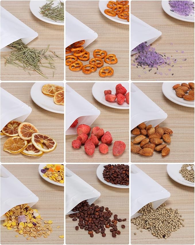 100pcs Kraft Bags with Window 7.1x10 Inches White Reusable Sealable Ziplock Food Storage Stand up Paper Pouches for Home or Business