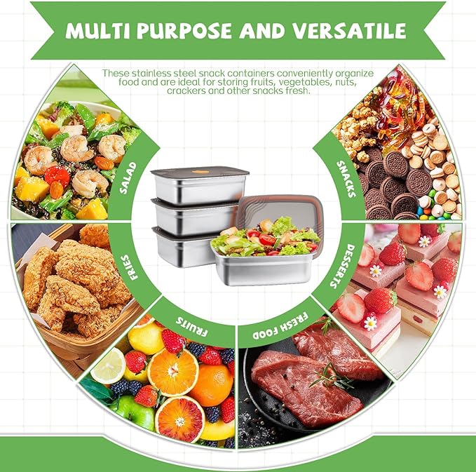 4pcs Stainless Steel Containers with Lids, Reusable Food Storage Containers, Stainless Steel Lunch Box for Office Travel