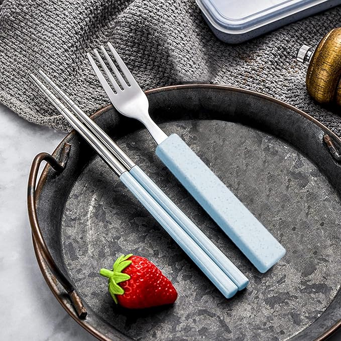 VANRA 3-Piece Children Utensils Set 18/8 Stainless Steel Child Flatware Set Silverware Spoon Fork Chopstick Set with Travel Case for Kids Lunch Box