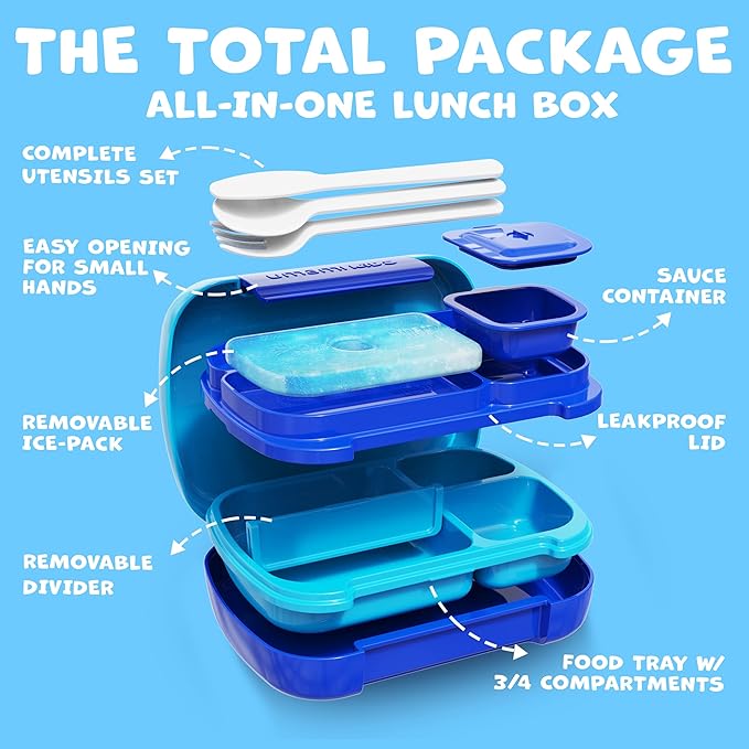 Umami All-in-1 Bento Box for Kids, Ice-pack & Utensils Included, 100% Leakproof & BPA free, Parents' favorite Lunch Box Kids (Ocean Blue, 23 oz)