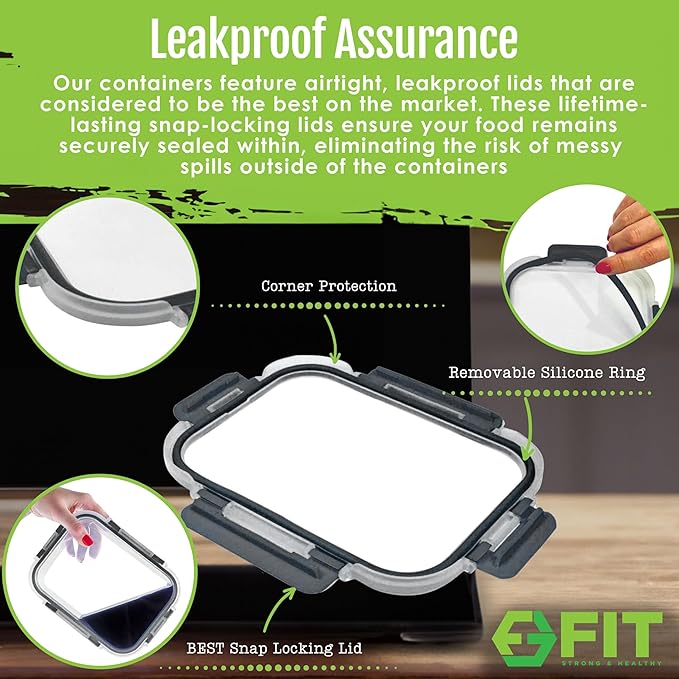 FIT Strong & Healthy Meal Prep Containers Glass, 1 & 2 & 3 Compartments – Glass Bento Box Adult Lunch Box, Glass Containers Meal Prep with Lids, Glass Container with Compartments, 35 oz, Black, 3 Pack