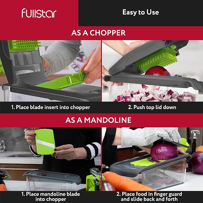 Fullstar Vegetable Chopper, Mandoline Slicer - Cheese Grater, Food Chopper with Container, Kitchen Gadgets, Home Essentials (11-in-1, Gray/Green)