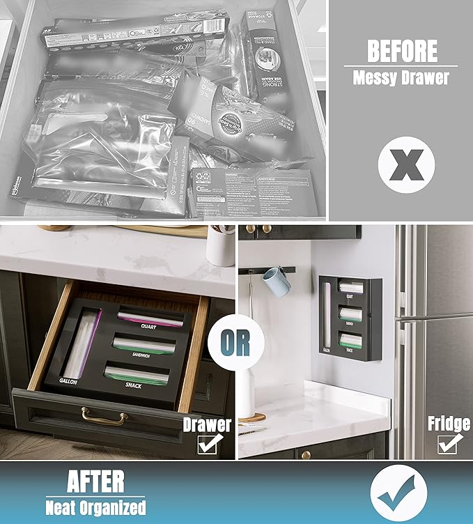 Acrylic Magnetic Food Bag Storage Organizer for Drawer or Refrigerator, Compatible with Gallon, Quart, Sandwich, Snack & Variety Size Bags
