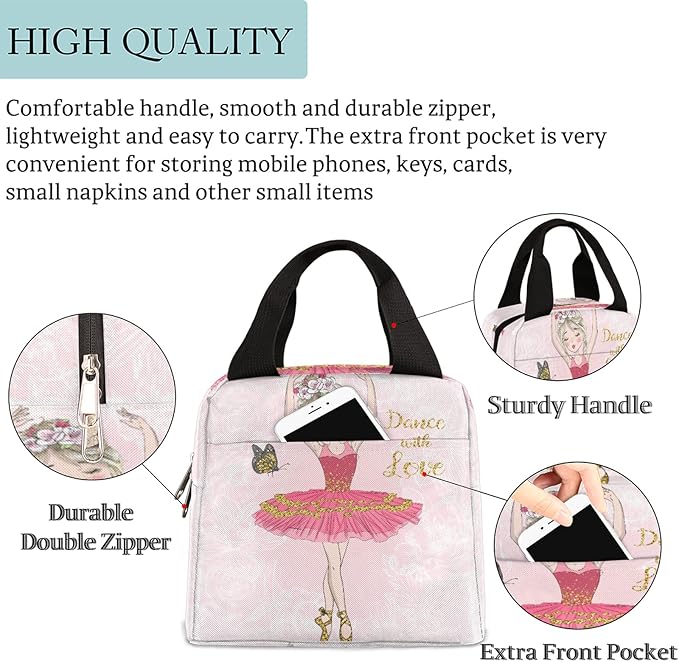 Pink Cute Ballet Dancer Girl Durable Insulated Lunch Box for Women Men Boy Girl Adult Lightweight Leakproof Thermal Cooler Reusable Lunch Bag for School Work Picnic Meal Prep Lunch Tote Bag