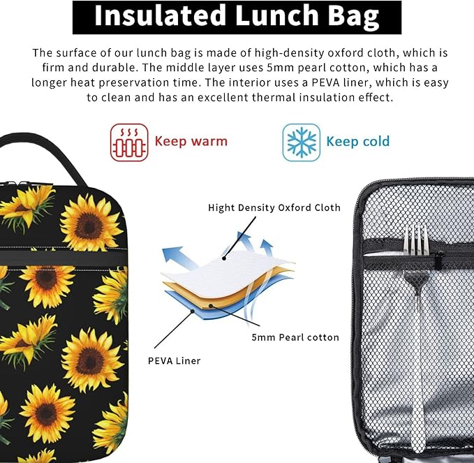 YETTA YANG Sunflower Flower Floral Black Portable Lunch Bag Insulated Lunch Box Reusable Totes For Women Men Work Picnic Camping